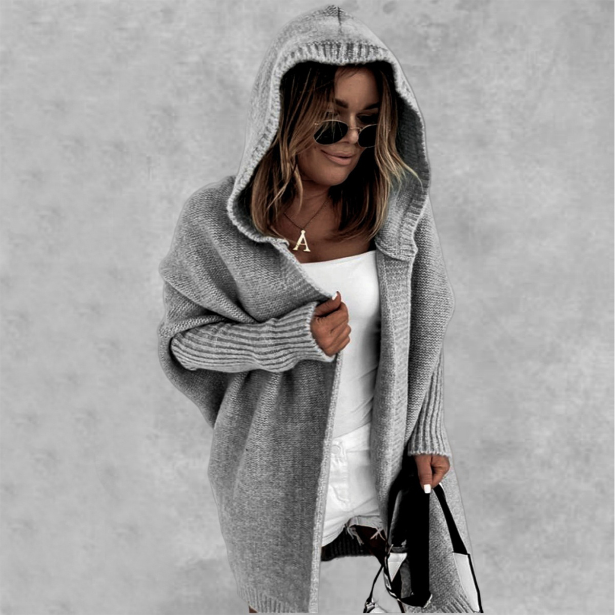 Ins Knitted Hooded Cardigan Fashion Loose Solid Color Batwing Sleeve Sweater Autumn And Winter Women's Clothing - Image 9