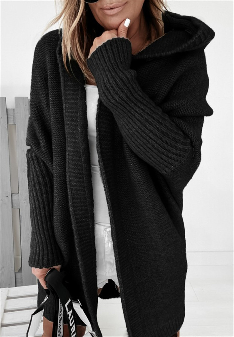 Ins Knitted Hooded Cardigan Fashion Loose Solid Color Batwing Sleeve Sweater Autumn And Winter Women's Clothing - Image 2