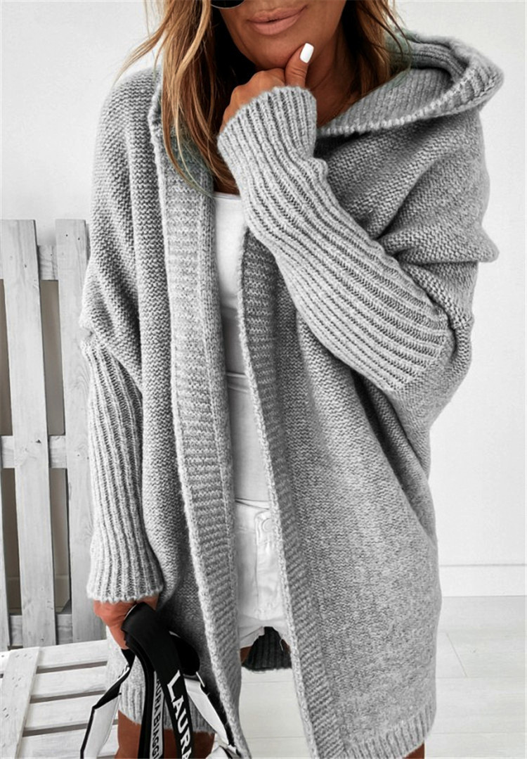Ins Knitted Hooded Cardigan Fashion Loose Solid Color Batwing Sleeve Sweater Autumn And Winter Women's Clothing - Image 3