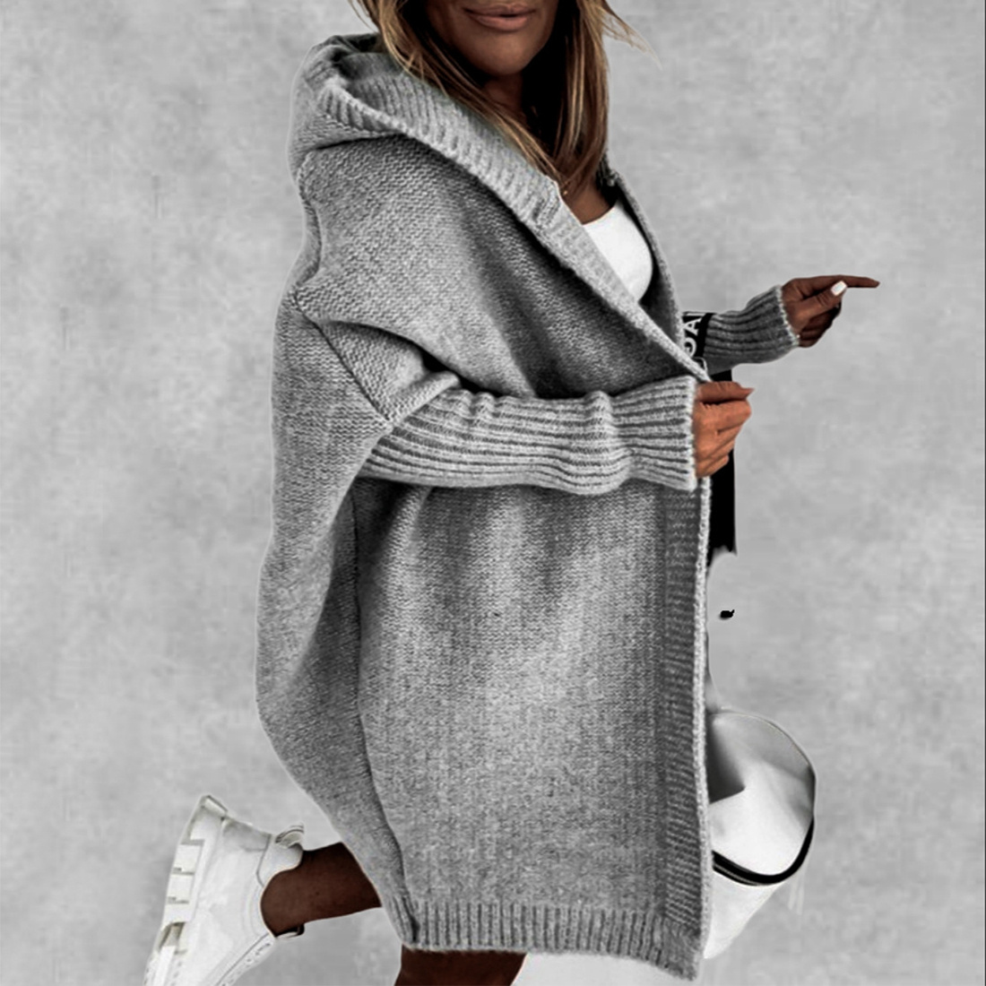 Ins Knitted Hooded Cardigan Fashion Loose Solid Color Batwing Sleeve Sweater Autumn And Winter Women's Clothing - Image 10