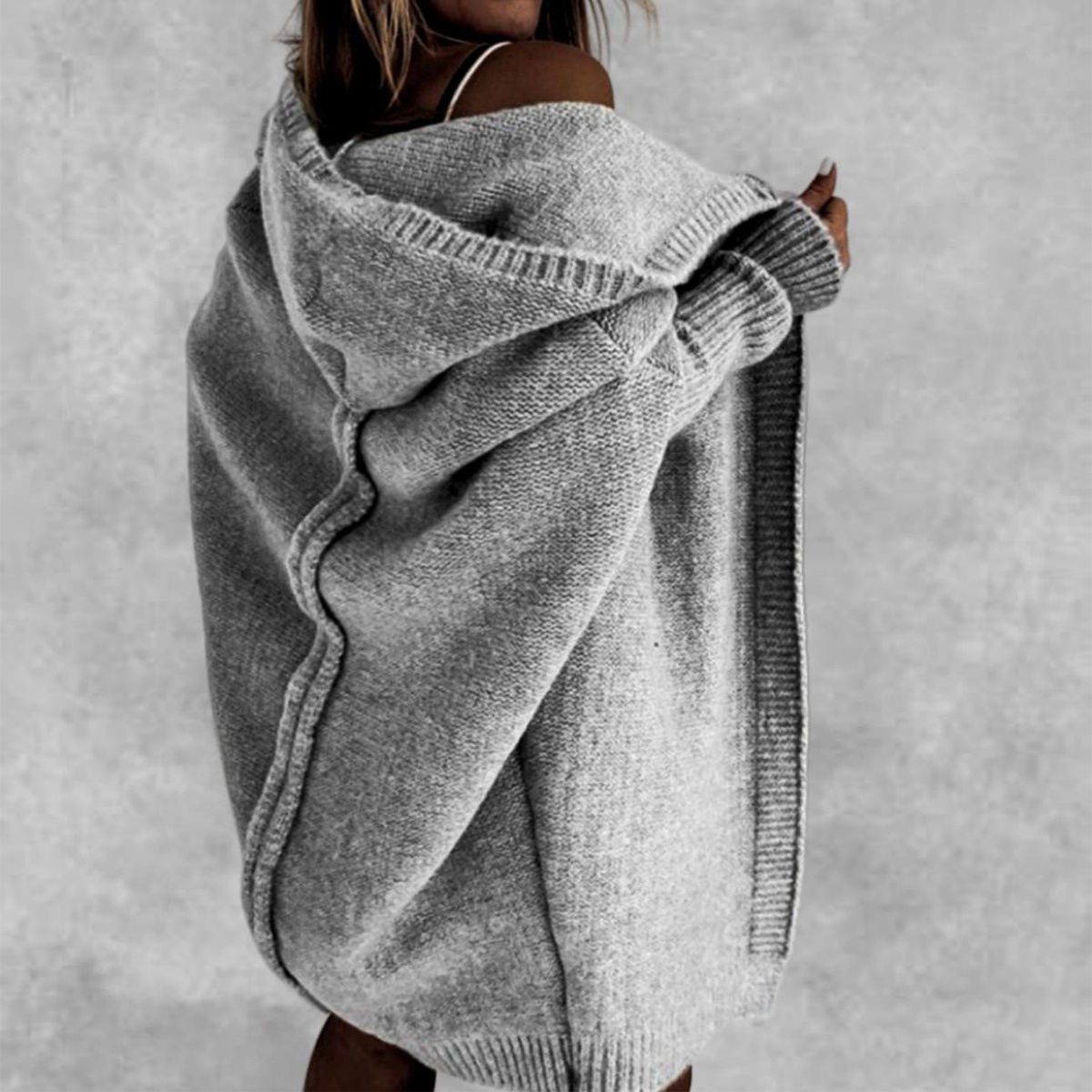 Ins Knitted Hooded Cardigan Fashion Loose Solid Color Batwing Sleeve Sweater Autumn And Winter Women's Clothing - Image 8